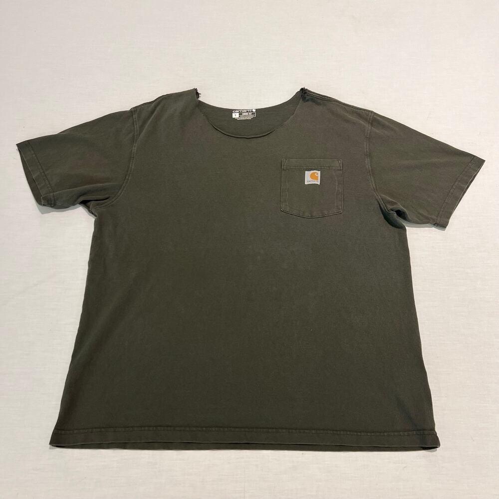 Carhartt Pocket Tee Loose Fit Olive Green Cut Neck Distressed Shirt Sz L